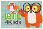 The LOTE4Kids logo on a blue-grey background featuring the orange owl Lekti. Text reads "Storytime in your language."