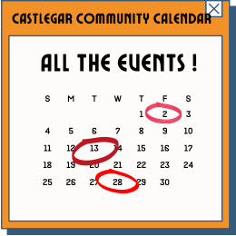 A calendar which says Castlegar Community Calendar, All the Events! Access resource here.